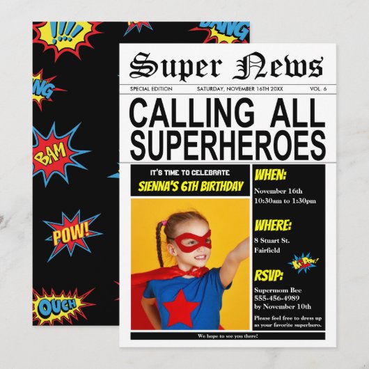 Superheld Birthday Party Super Hero Girl Boy Foto Kaart (Voorkant / Achterkant)