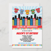 Superheld Boy 1st Birthday Cityscape Comic Kaart (Voorkant)
