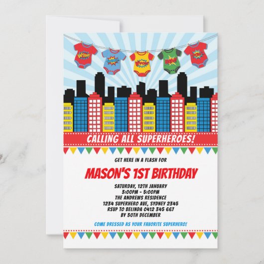 Superheld Boy 1st Birthday Cityscape Comic Kaart (Voorkant)