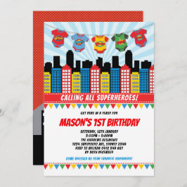 Superheld Boy 1st Birthday Cityscape Comic Kaart