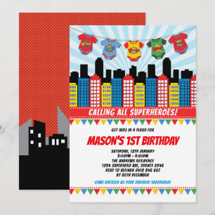 Superheld Boy 1st Birthday Cityscape Comic Kaart