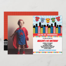 Superheld Boy 1st Birthday Cityscape Party Foto