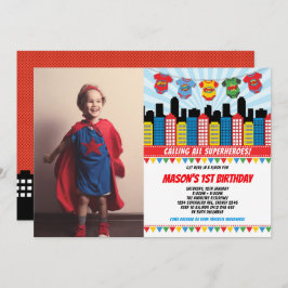 Superheld Boy 1st Birthday Cityscape Party Foto Kaart