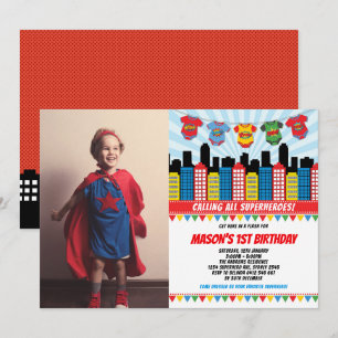 Superheld Boy 1st Birthday Cityscape Party Foto Kaart