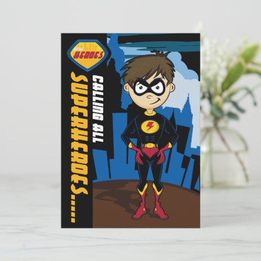 Superheld Boy Party Invite Kaart (Staand voorkant)
