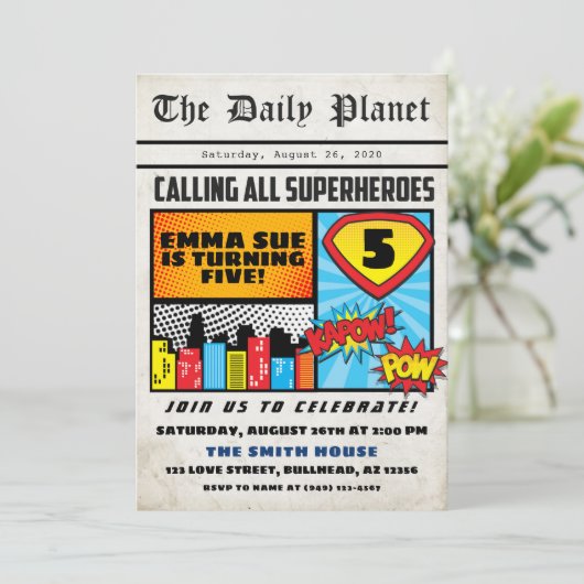 Superheld Boy's Newspaper Comic Style Birthday Kaart (Staand voorkant)