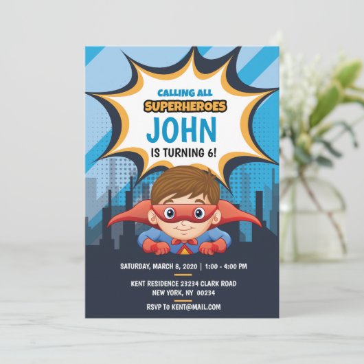 Superheld, bruin haar, feestuitnodiging 5x7 kaart (Staand voorkant)