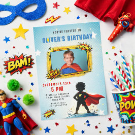 Superheld Cartooneske Jongen Foto Verjaardagsfeest Kaart