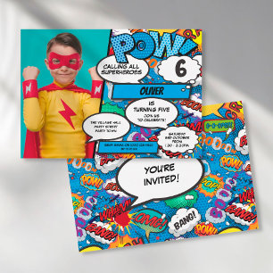 Superheld Comic Birthday Party Blue Photo Invitati Kaart
