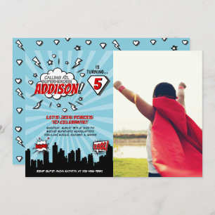 Superheld Comic Birthday Party - Fotouitnodiging Kaart