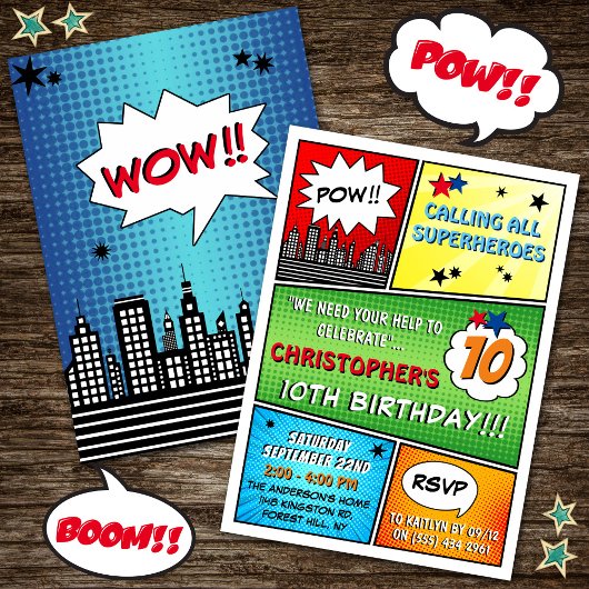 Superheld Comic Book Any Age Birthday Invitations Kaart