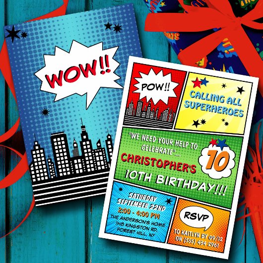 Superheld Comic Book Any Age Birthday Invitations Kaart
