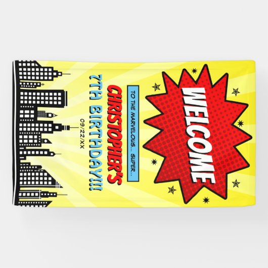 Superheld Comic Book Any Age Birthday Welkom Spandoek (Horizontaal)