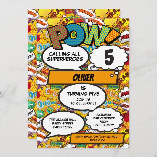 Superheld Comic Book Birthday Party Kaart (Voorkant / Achterkant)