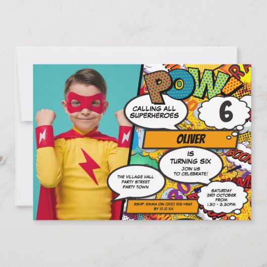Superheld Comic Book Birthday Party Photo Invitati Kaart (Voorkant)