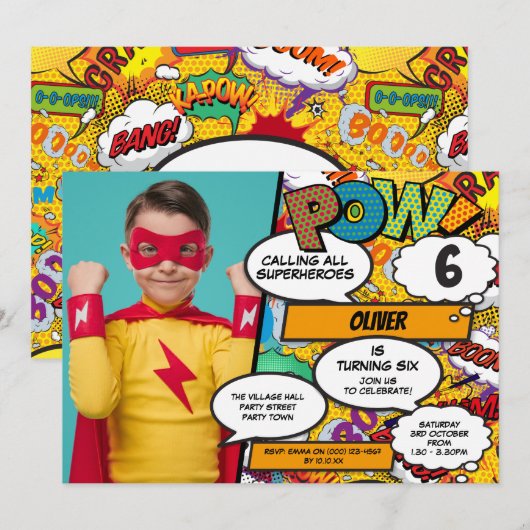 Superheld Comic Book Birthday Party Photo Invitati Kaart (Voorkant / Achterkant)