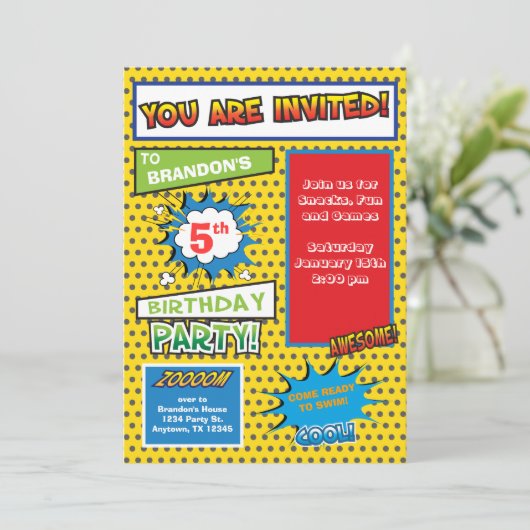Superheld Comic Book Birthday Uitnodiging (Staand voorkant)