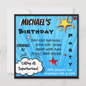 Superheld Comic Book Blue Birthday Party Kaart (Voorkant)