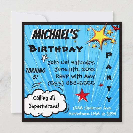 Superheld Comic Book Blue Birthday Party Kaart (Voorkant)