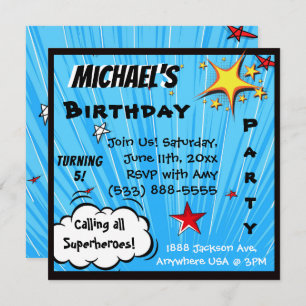 Superheld Comic Book Blue Birthday Party Kaart