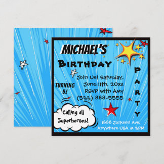 Superheld Comic Book Blue Birthday Party Kaart