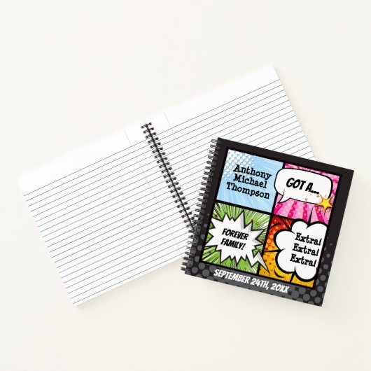 Superheld Comic Book Style Adoption Party Notitieboek (Binnen)