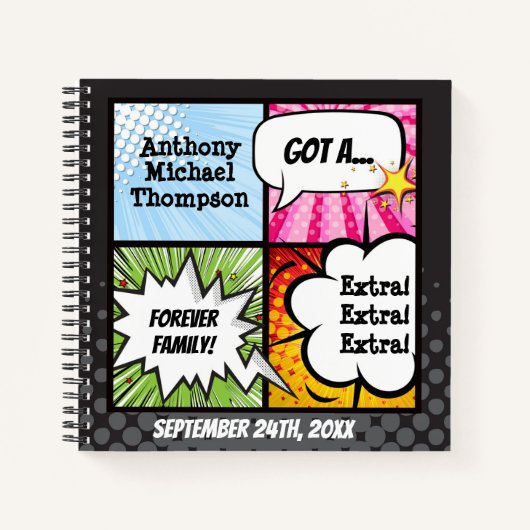 Superheld Comic Book Style Adoption Party Notitieboek (Voorkant)