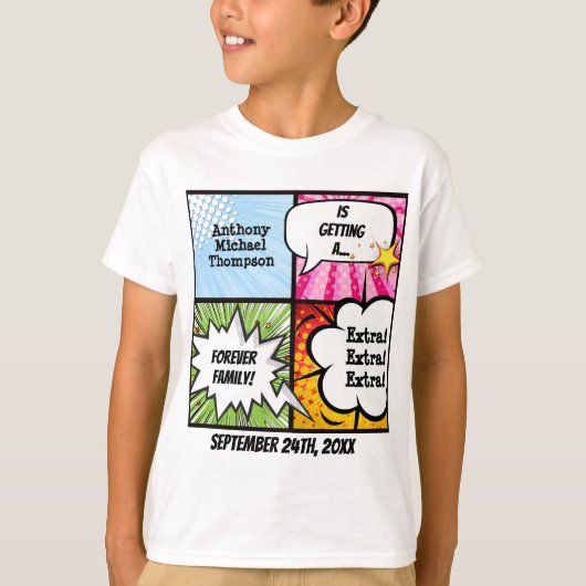 Superheld Comic Book Style Adoption Party T-shirt (Voorkant)