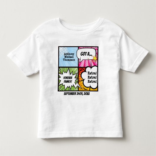 Superheld Comic Book Style Adoption Party T-shirt (Voorkant)