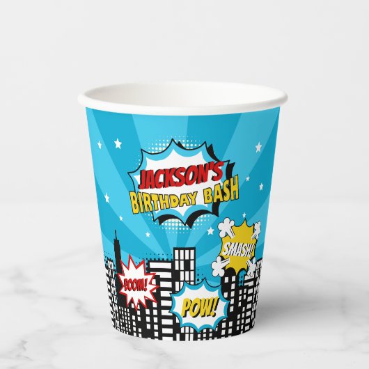 Superheld Comic Book Style Boy Birthday Blue Papieren Bekers (Voorkant)
