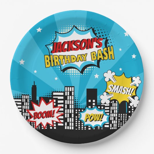 Superheld Comic Book Style Boy Birthday Blue Papieren Bordje (Voorkant)