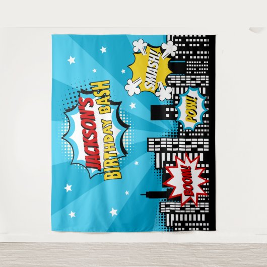 Superheld Comic Book Style Boy Birthday Blue Wandkleed (Voorkant)
