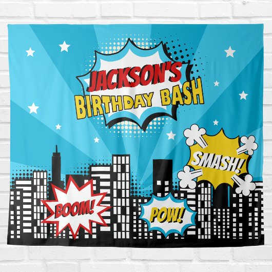 Superheld Comic Book Style Boy Birthday Blue Wandkleed