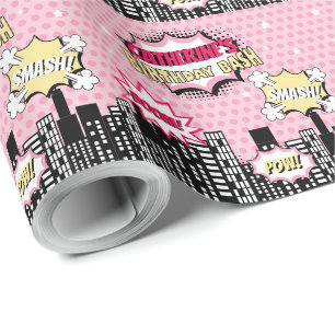 Superheld Comic Book Style Girl Birthday Pink Cadeaupapier