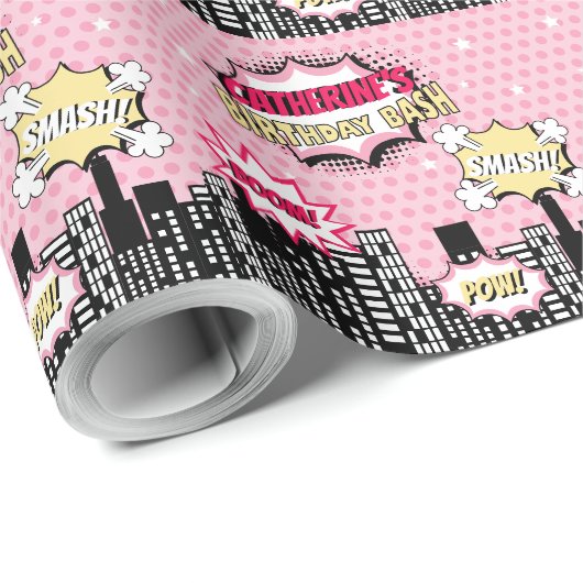 Superheld Comic Book Style Girl Birthday Pink Cadeaupapier (Rol Hoek)
