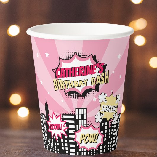 Superheld Comic Book Style Girl Birthday Pink Papieren Bekers