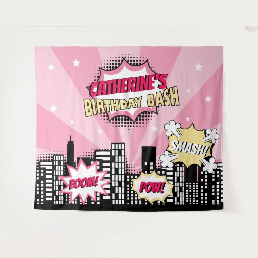 Superheld Comic Book Style Girl Birthday Pink Wandkleed (Voorkant (horizontaal))