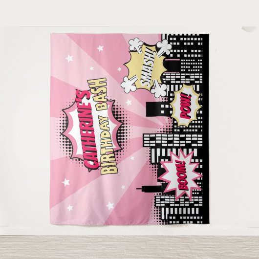 Superheld Comic Book Style Girl Birthday Pink Wandkleed (Voorkant)