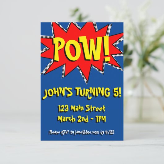 Superheld Comic Book Thed Invitation Sjabloon Kaart (Staand voorkant)