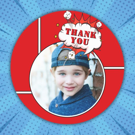 Superheld Comic Boy Birthday Foto Hartelijk dank Ronde Sticker