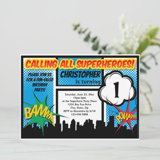 Superheld Comic Boy's eerste verjaardag Kaart (Staand voorkant)