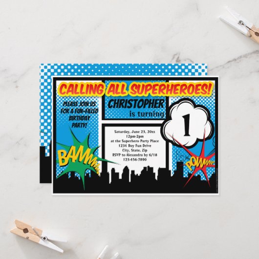 Superheld Comic Boy's eerste verjaardag Kaart (Voorkant / Achterkant in situ)