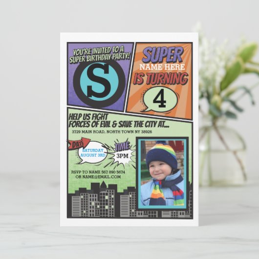 Superheld Comic Boy's Uitnodiging Super Hero Uitno (Staand voorkant)