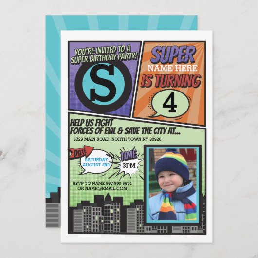 Superheld Comic Boy's Uitnodiging Super Hero Uitno (Voorkant / Achterkant)