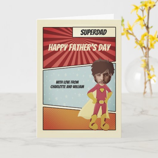 Superheld Comic Dad Happy Fathers Day Persoonlijk Kaart (Gele Bloem)