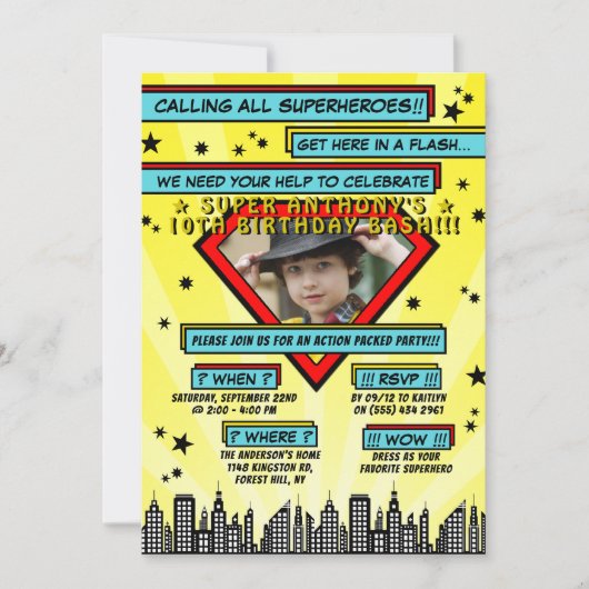 Superheld Comic Photo Any Age Birthday Invitations Kaart (Voorkant)