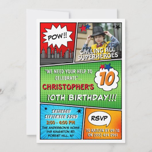 Superheld Comic Photo Any Age Birthday Invitations Kaart (Voorkant)