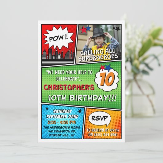 Superheld Comic Photo Any Age Birthday Invitations Kaart (Staand voorkant)