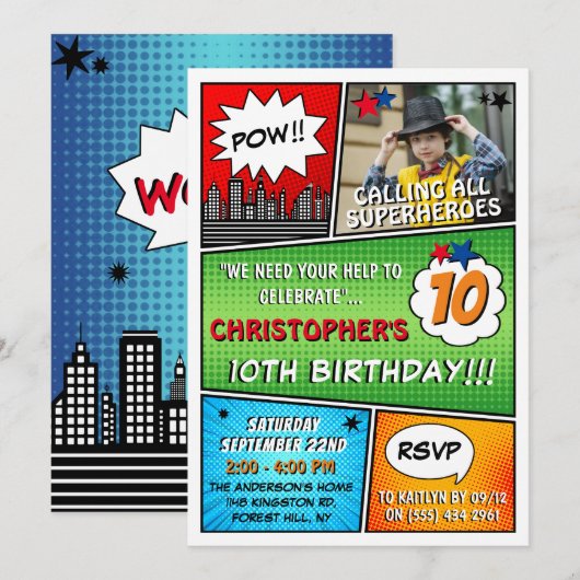 Superheld Comic Photo Any Age Birthday Invitations Kaart (Voorkant / Achterkant)