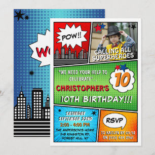 Superheld Comic Photo Any Age Birthday Invitations Kaart